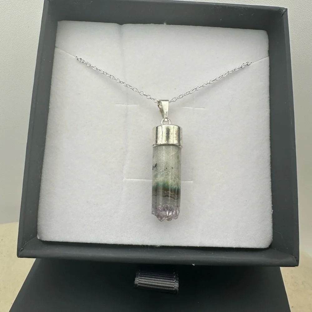 Amethyst and Agate Cylinder Pendant on Box Chain